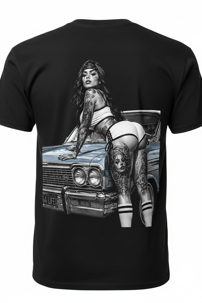64 Life Lowrider Full Back Print T-Shirt Mockup