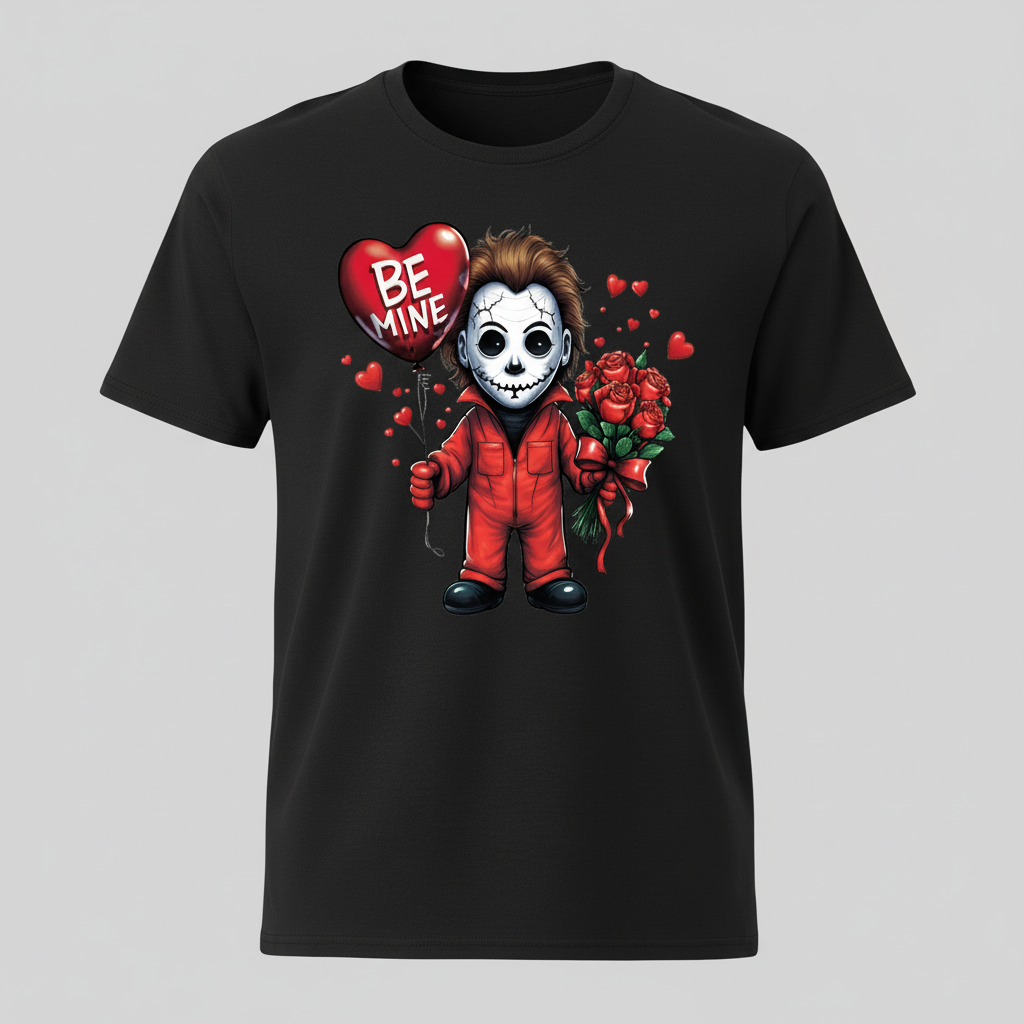 Black shirt flat lay with Valentine horror design