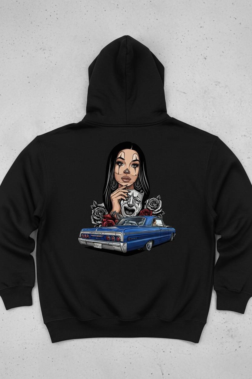 Chicano Art on Black Hoodie Back