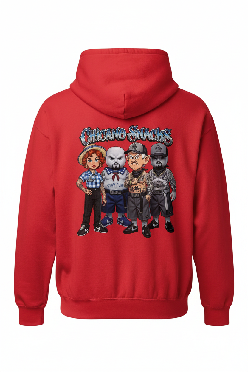 Chicano Snacks Red Hoodie Mockup