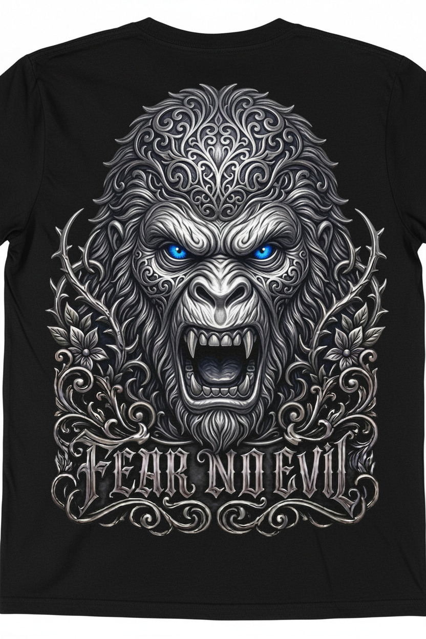 Fear No Evil Gorilla Black T-Shirt Back Mockup