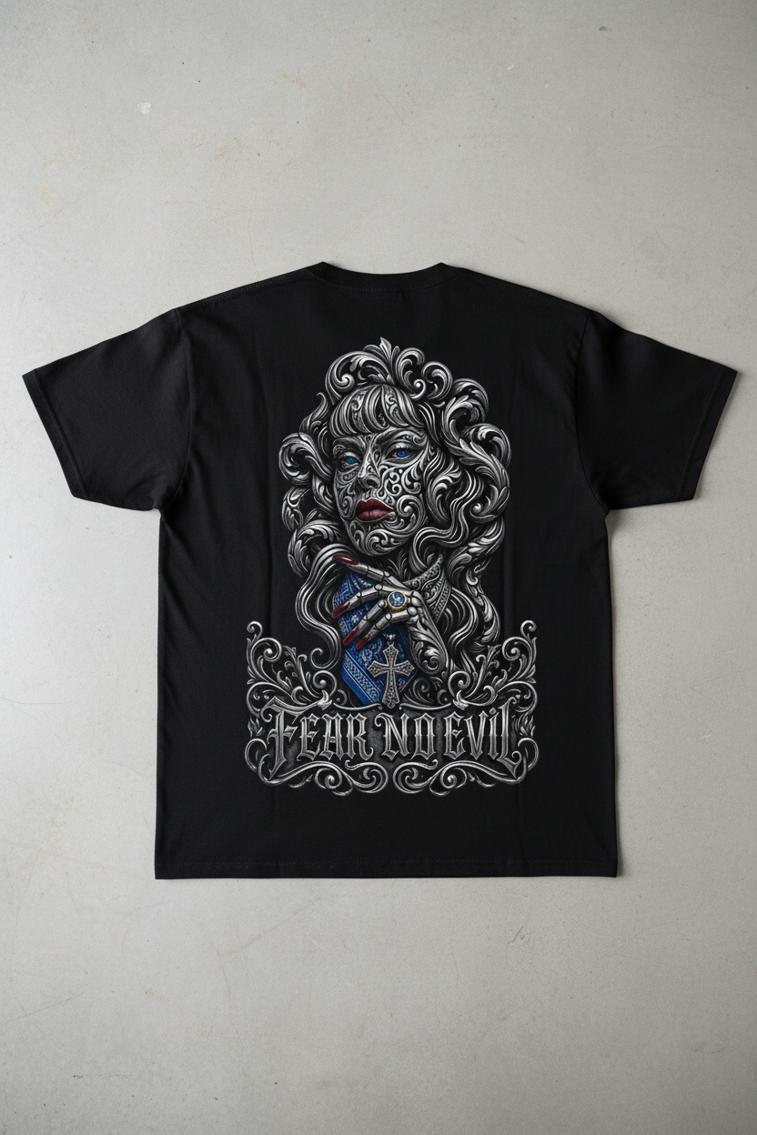 Fear No Evil Silver Filigree Back T-Shirt Mockup
