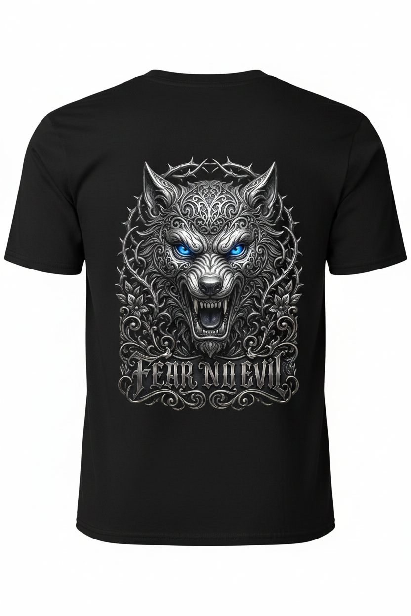 Fear No Evil Wolf Black T-Shirt Back Mockup