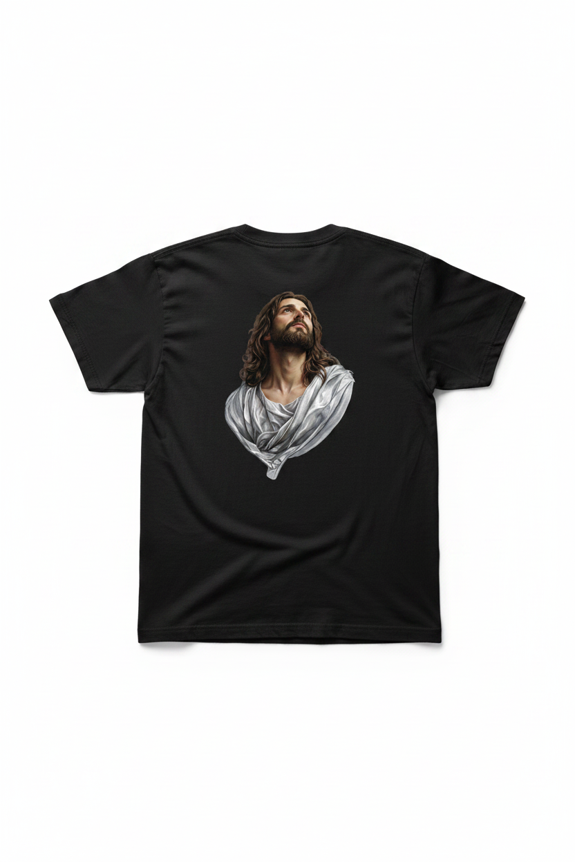 Jesus Looking Upward Black T-Shirt Back Mockup