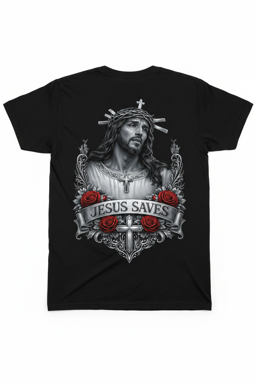 Jesus Saves Black T-Shirt Back Mockup