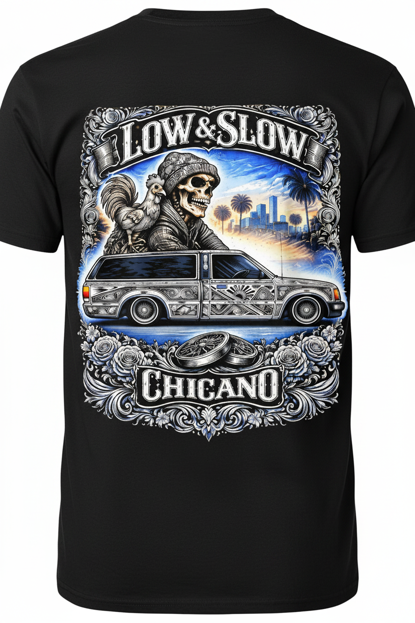 Low & Slow Chicano - Black T-Shirt Back