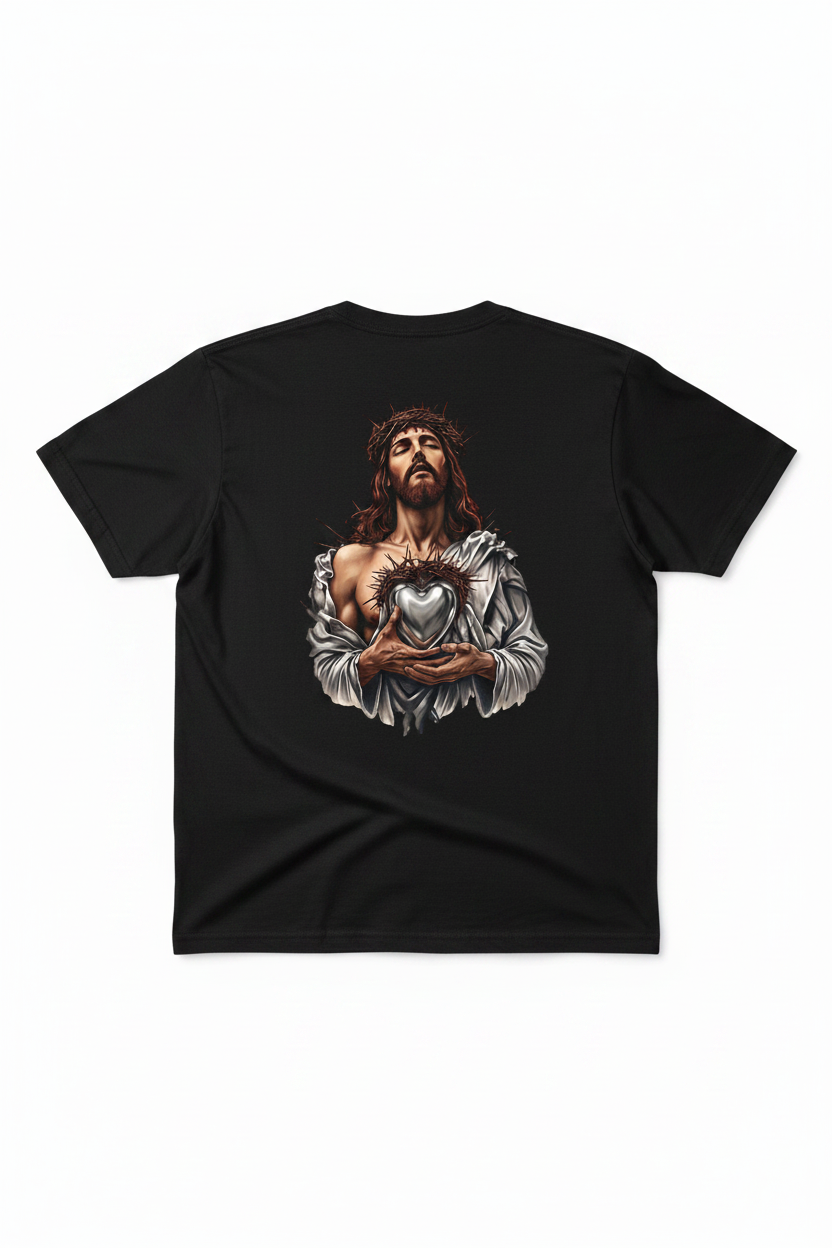 Sacred Heart Jesus Black T-Shirt Back Mockup