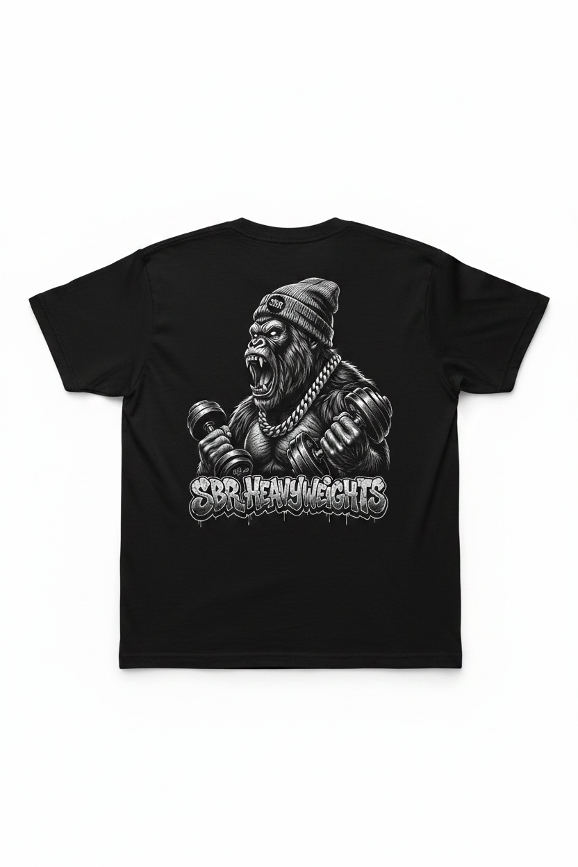 SBR Heavyweights Dumbbell Gorilla Black T-Shirt Back Mockup