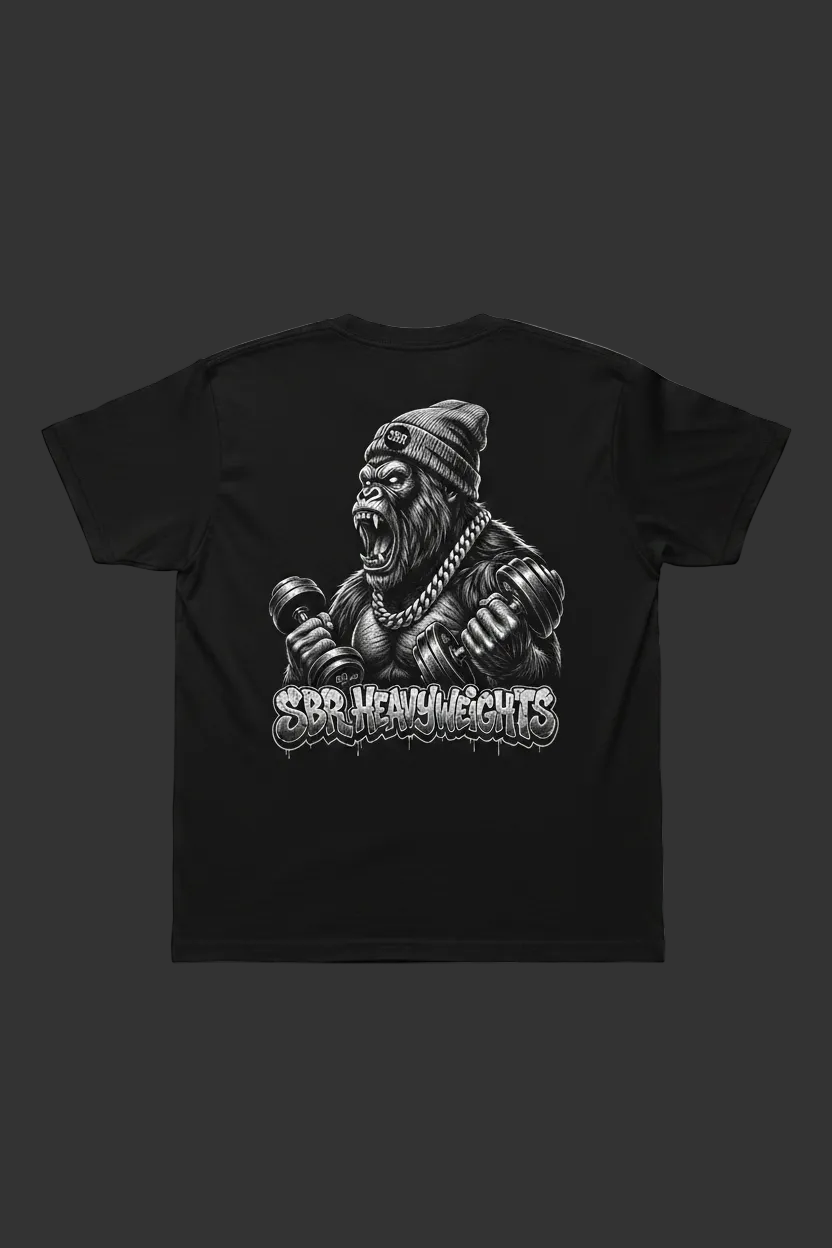 SBR Heavyweights Dumbbell Gorilla Black T-Shirt Back Mockup