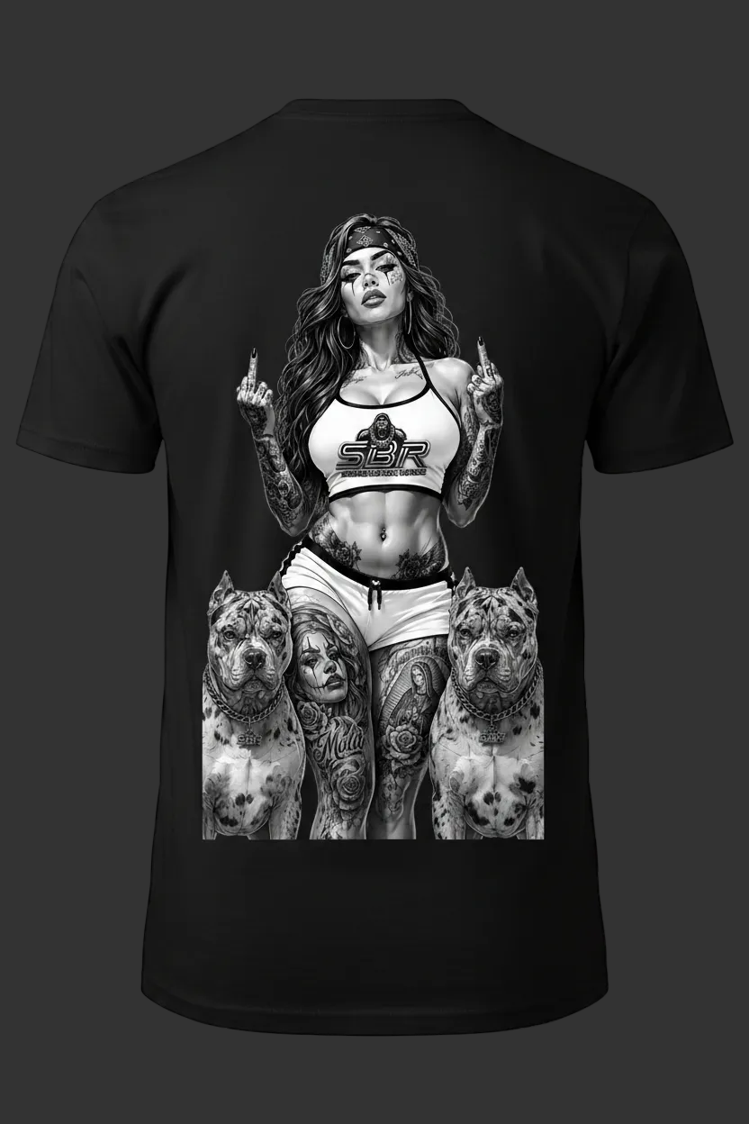 SBR Tattooed Woman Full Back Print T-Shirt Mockup