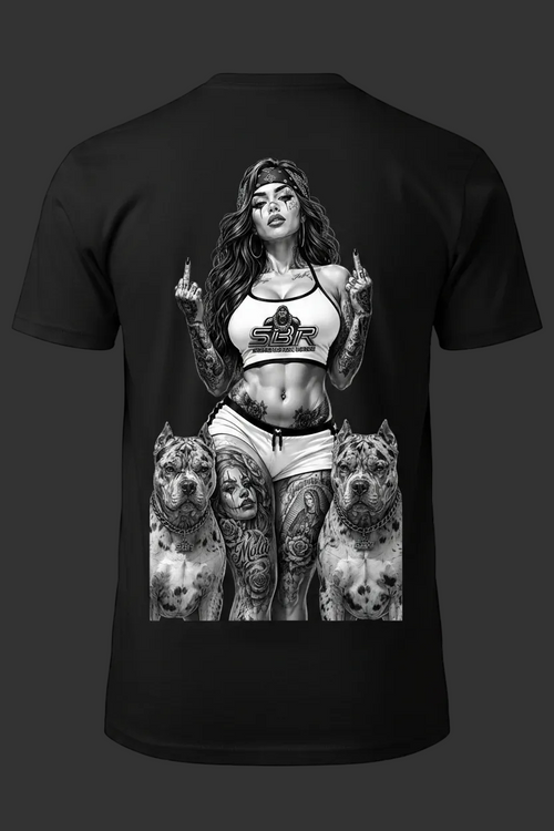 SBR Tattooed Woman Full Back Print T-Shirt Mockup
