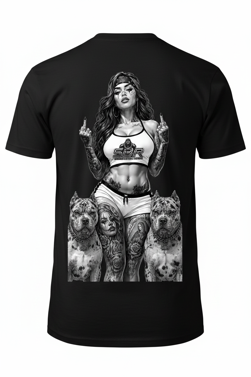 SBR Tattooed Woman Full Back Print T-Shirt Mockup