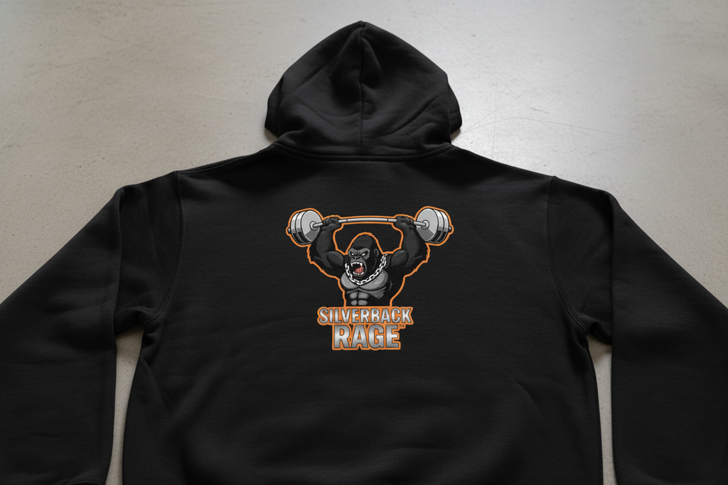 Silverback Rage logo on black hoodie back