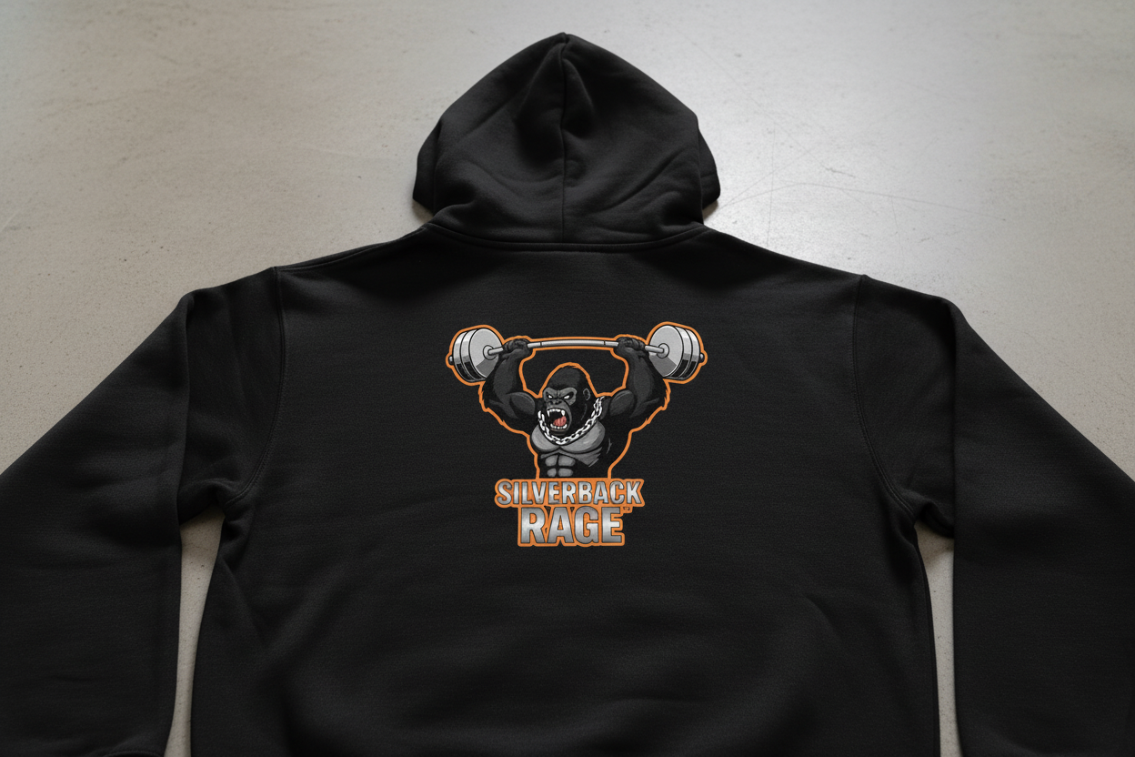 Silverback Rage logo on black hoodie back