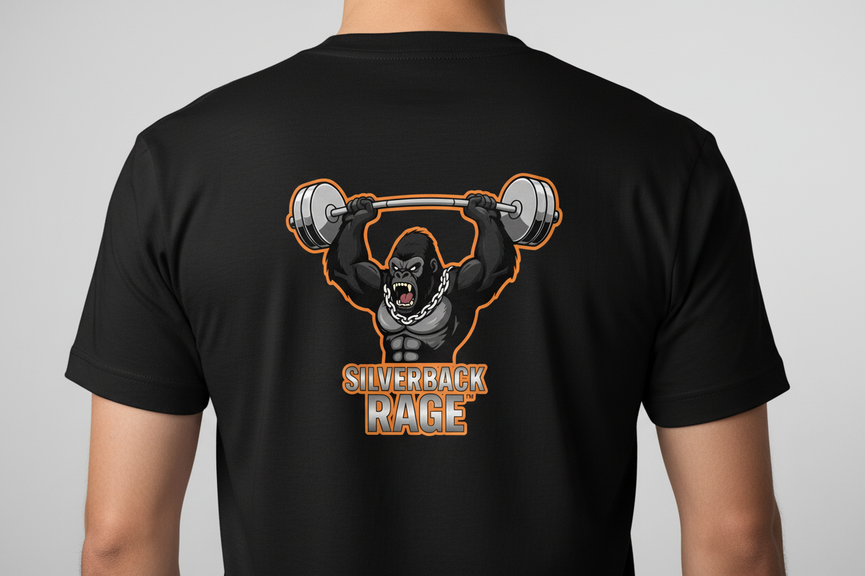 Silverback Rage logo on black t-shirt back
